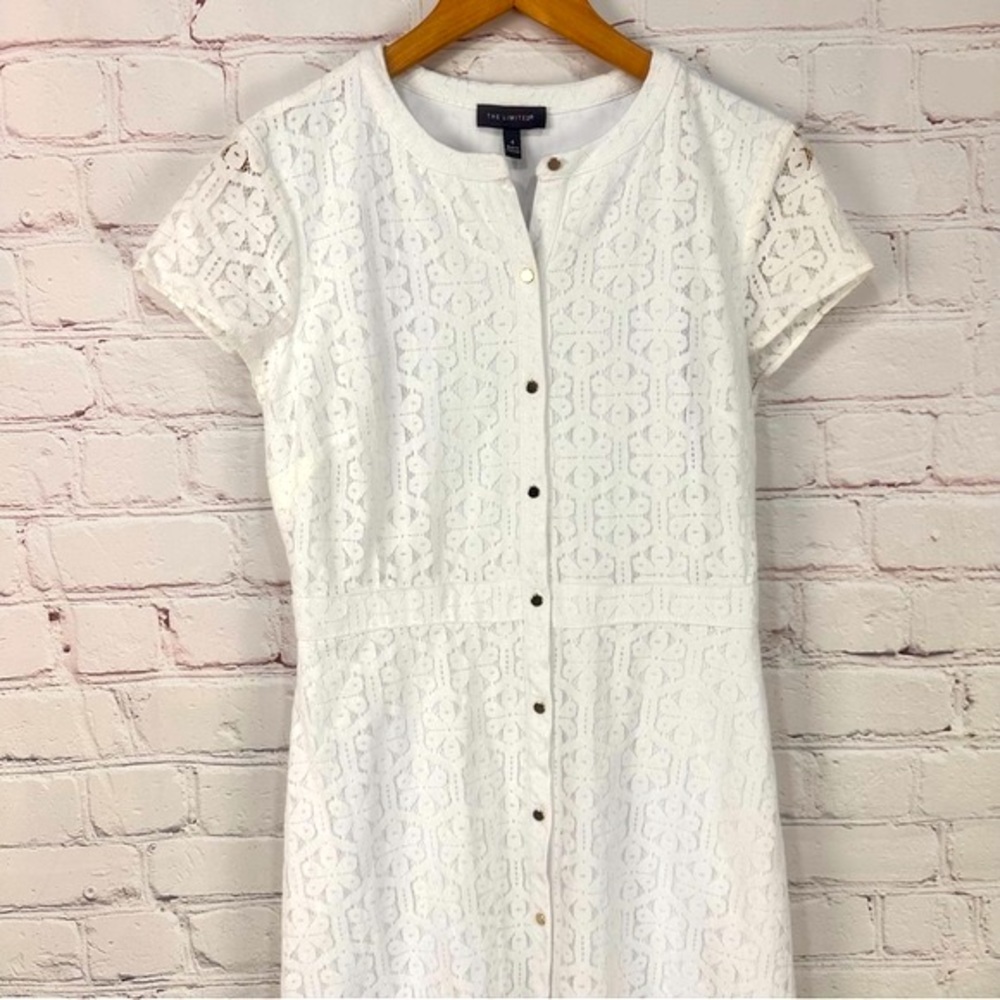 The Limited lace eyelet midi dress gold buttons fitted waist collar cottagecore